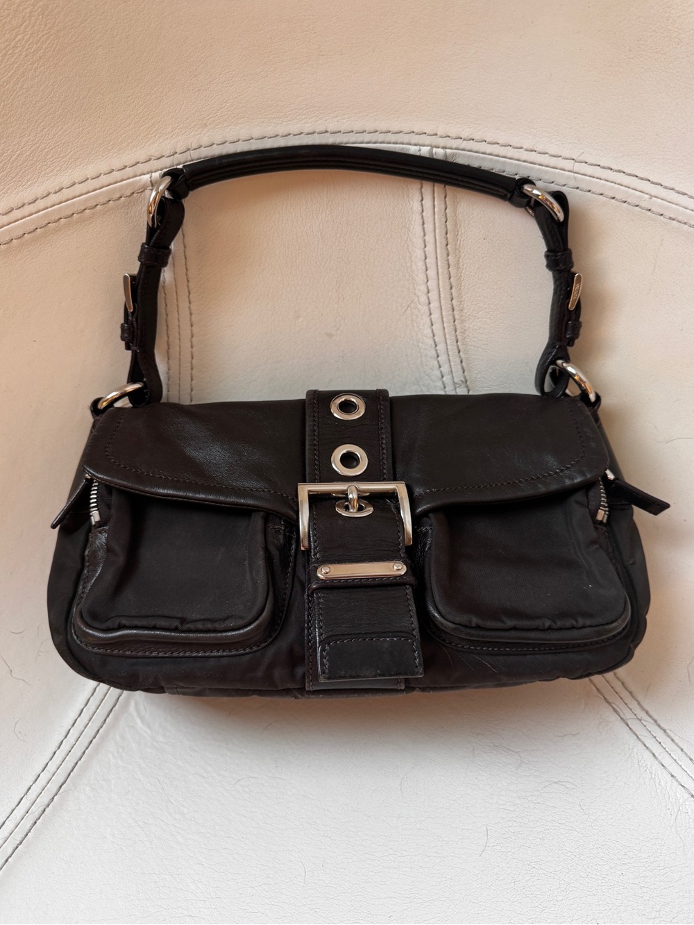 Prada Brown Leather and Nylon Baguette Shoulder Bag with Buckle Detail
